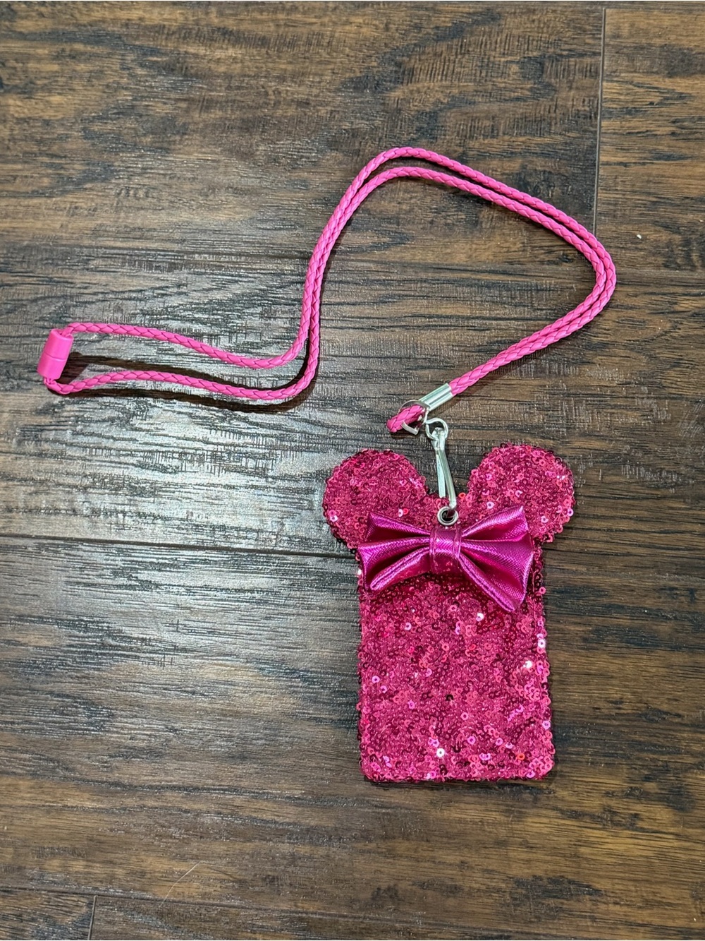 Loungefly Disney Parks Pink Sequin & Silver Minnie Mouse Card Holder Lanyard